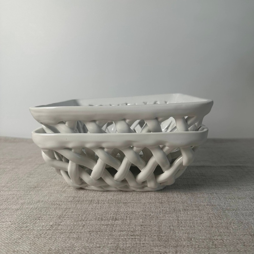 Tabletops Gallery White Ceramic Woven Serving Baskets Set of 2 Square